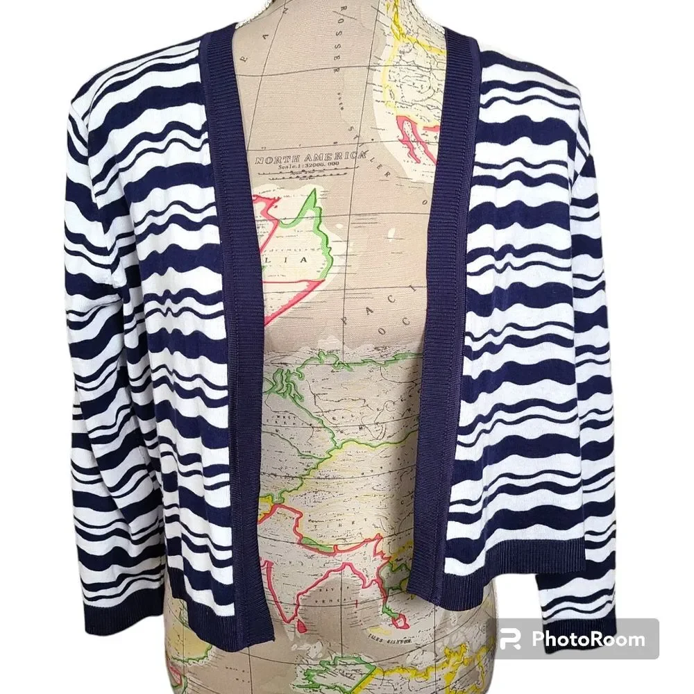ANN TAYLOR Size Medium Navy White Stripe Cropped Open Front Cardigan Sweater NEW